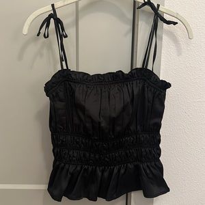Black satin ruffle smocked tie top